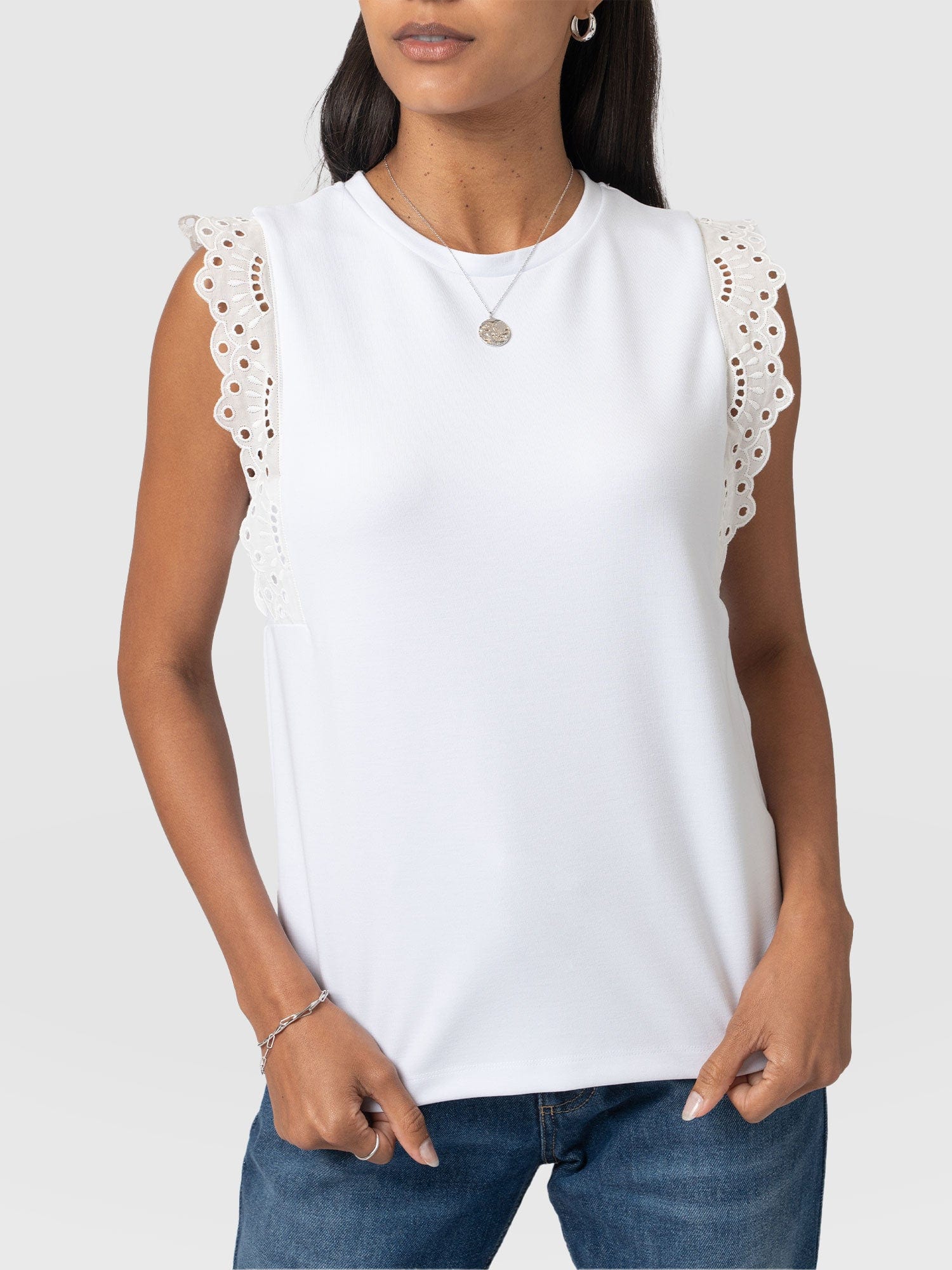 Rowan Tee White Broderie - Women's T-Shirts | Saint + Sofia® USA